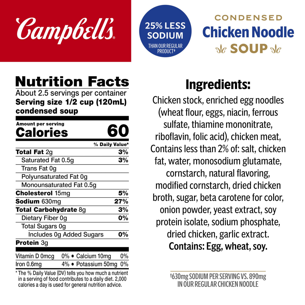 Campbells Condensed 25% Less Sodium Chicken Noodle Soup, 10.75 oz Can (Pack of 5)
