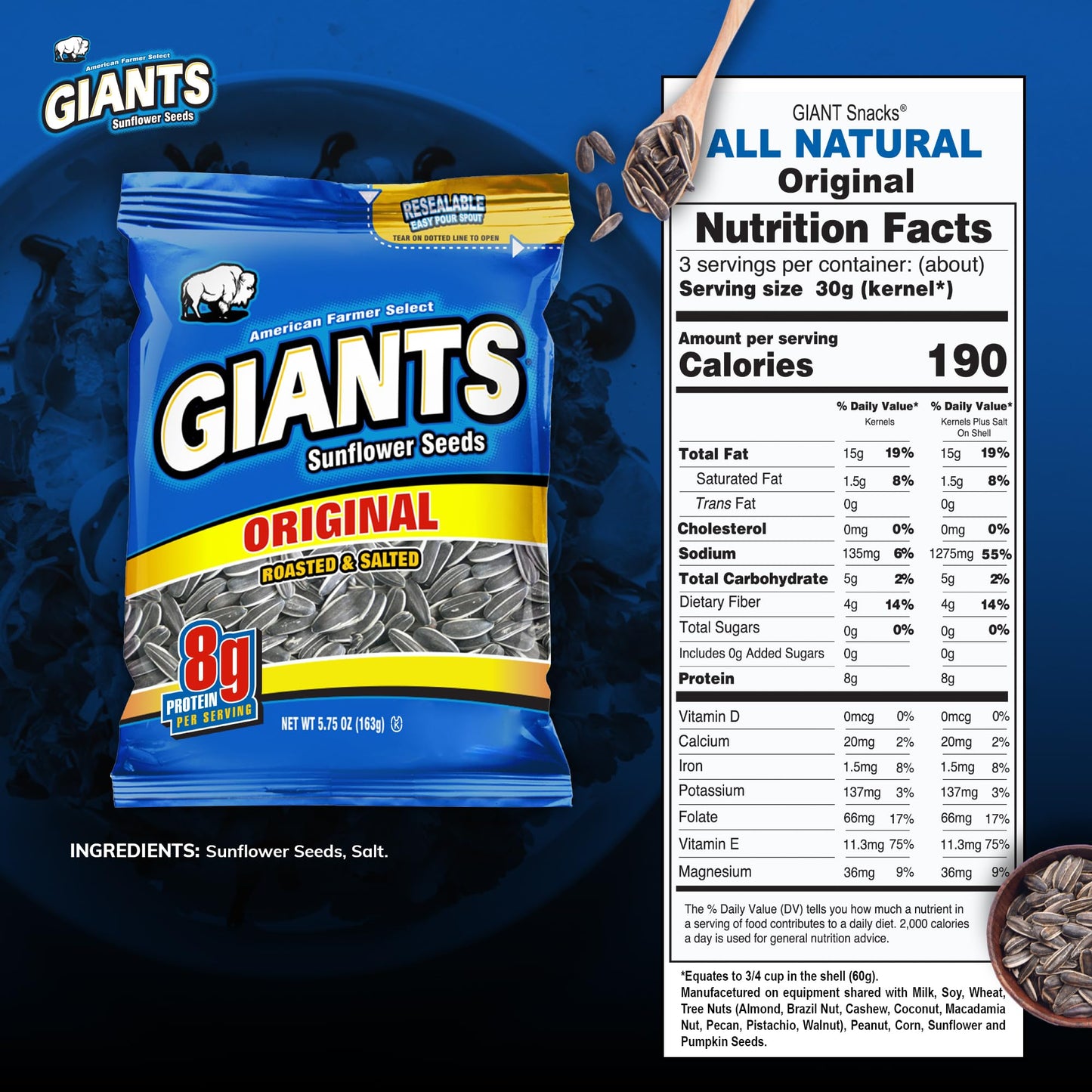 GIANTS Original Salted Jumbo Sized Sunflower Seeds 5.75-Ounce Bags (Pack of 12)