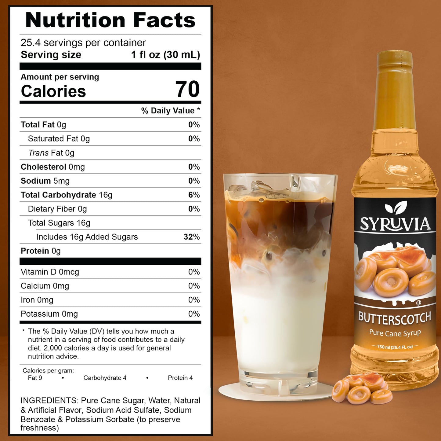 Syruvia Butterscotch Coffee Syrup - 25.4 Fl Oz Enhanced Coffee Flavoring Syrup - Kosher Coffee Syrups, Gluten Free, No Coloring, Perfect For Drinks, Soda, Shakes, And More With Pump