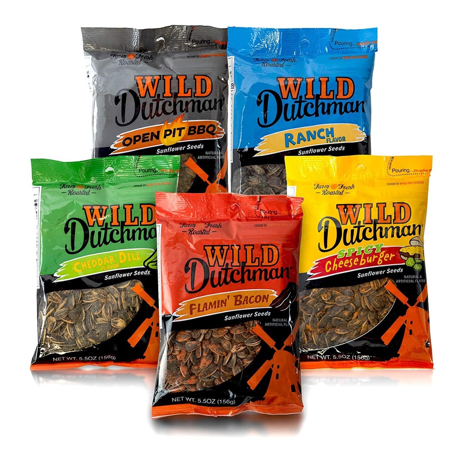 Wild Dutchman Roasted Sunflower Seeds In A Resealable Bag For Ultimate Freshness And An Easy Pour, 5 Flavor Variety Snack Pack,