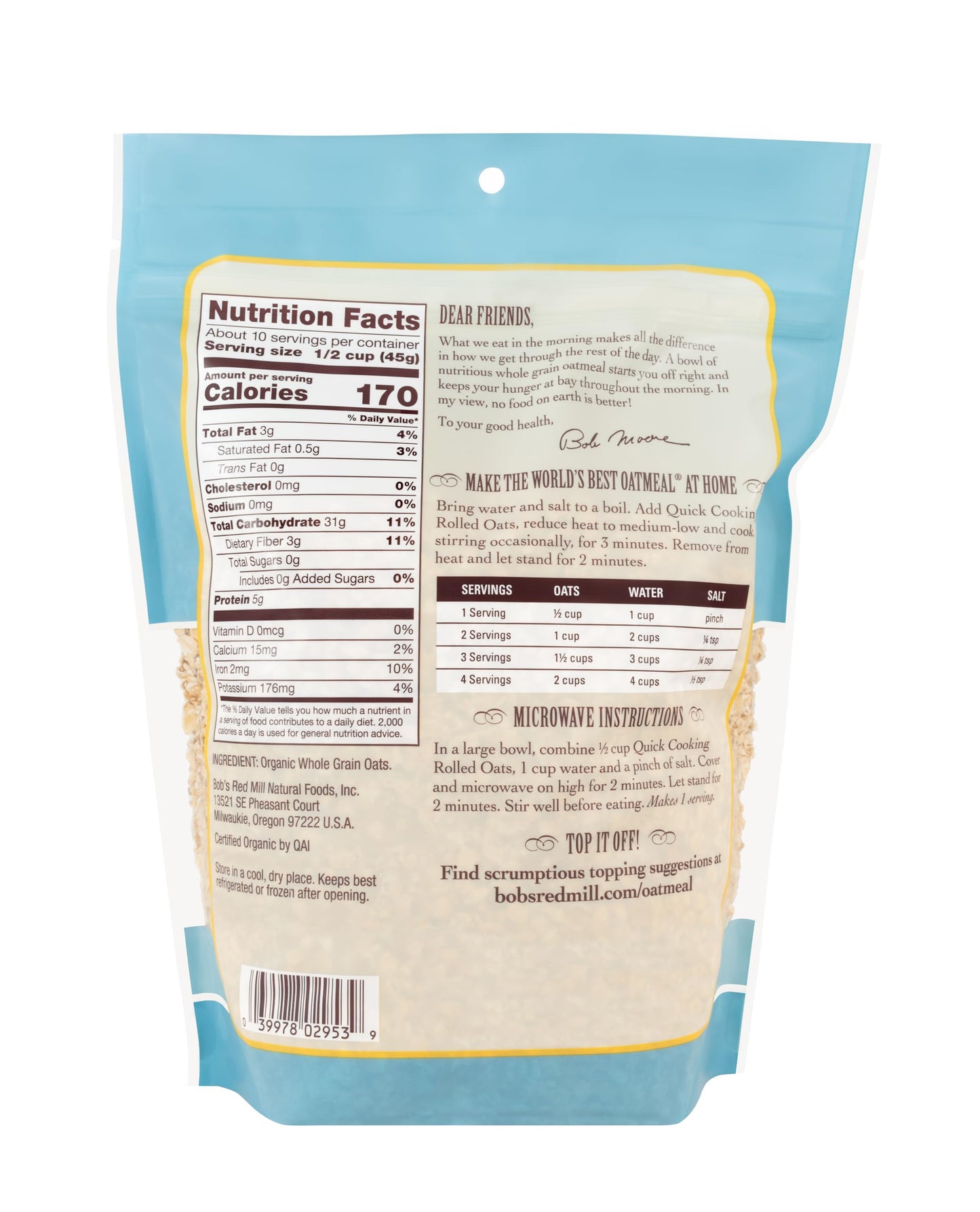 Bobs Red Mill Organic Quick cooking Rolled Oats 16 Oz