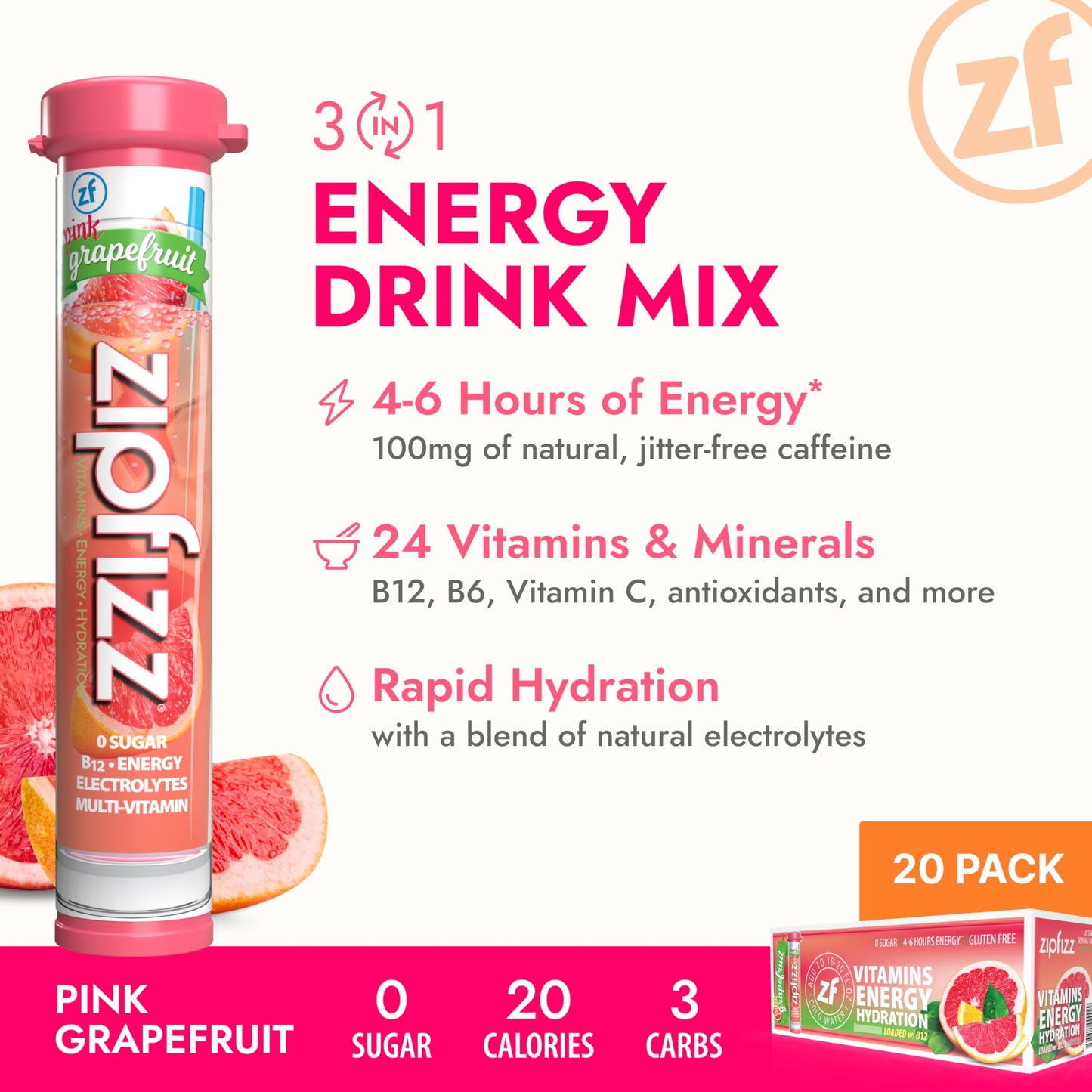 Zipfizz Energy Drink Powder, Pink G fruit, 20 Pack, Sugar-Free, Electrolyte Powder, Contains Vitamin B-12, Model 20PGFRT