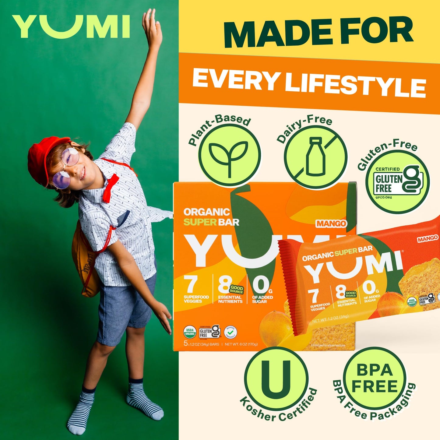 YUMI Organic Breakfast Superbar, Gluten-Free, No Added Sugar, 30ct, Mango Flavor