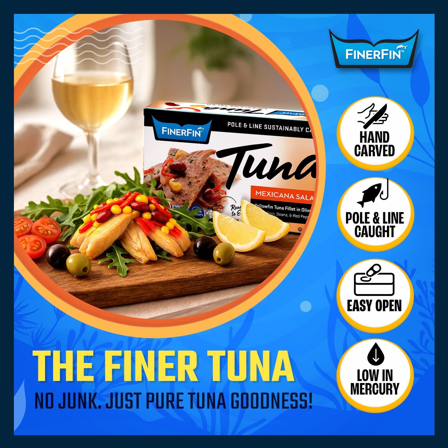 FinerFin Yellowfin Tuna in Organic Olive Oil, Mexicana Salad Flavor, 4.4oz Can, Pack of 6, Gourmet Ready-to-Eat Wild-Caught Fish
