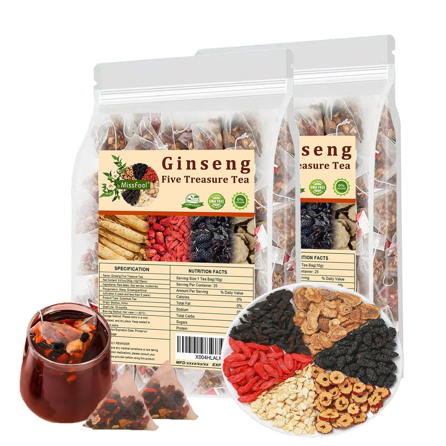 Ginseng Five Treasure Tea, Kidney Tea Formula Ginseng Six Treasure Natural Detox for Men & Women, Organic Chinese Herbal Tea, 6 