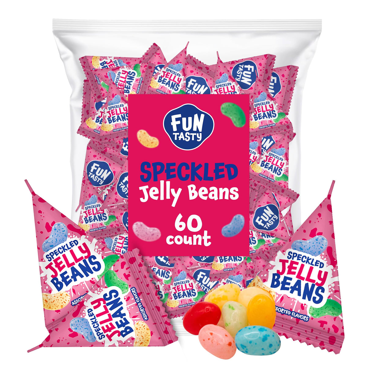 Funtasty Jelly Beans - 60 Count Pack (12 Ounces) - Individual Pouches - Assorted Fruit Flavors - Tiny Speckled Candy