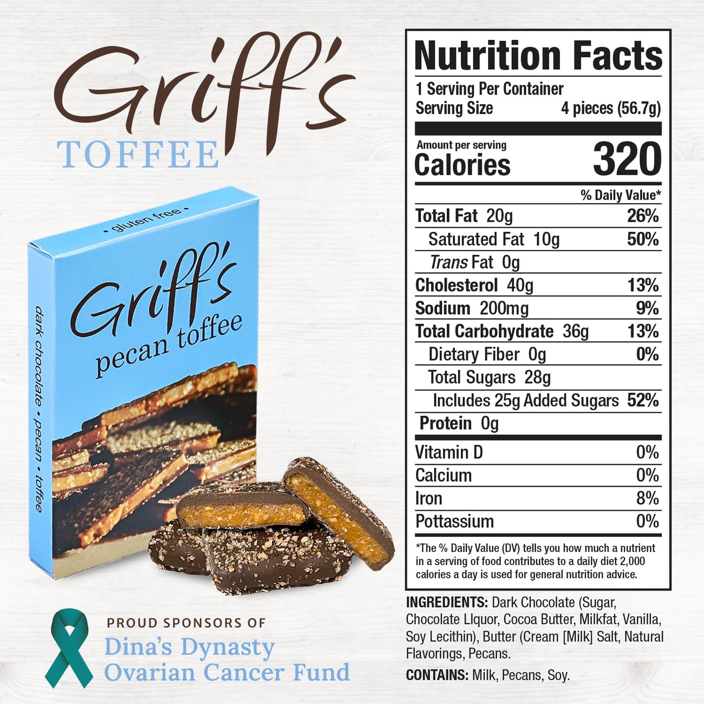 Griffs Pecan Toffee, 4 Dark Chocolate Covered Pecan Toffee Squares, Traditional English Toffee, Gluten Free, Family Owned (2 Ou