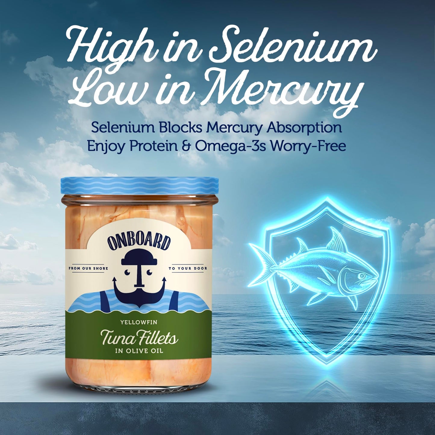 ONBOARD Yellowfin Tuna Fillets, Mediterranean Style, 1.05 oz, Pack of 6, Ready-to-Eat Snacks, Glass Jar