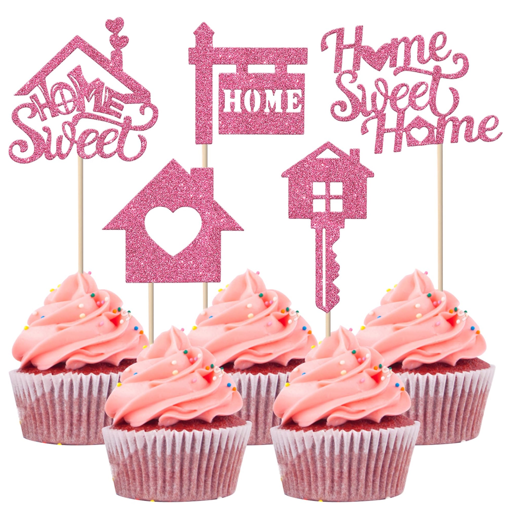 Rsstarxi Cupcake Toppers - 30 Pack Housewarming Party Decorations - Pink Paper Picks for New Home Theme Cake Decor