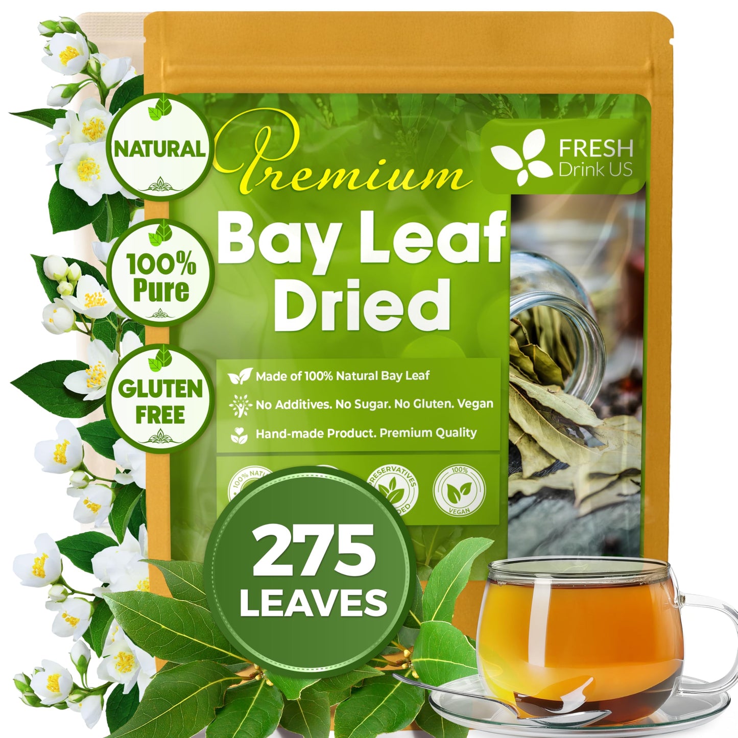 Freshdrinkus 275+ Enhanced Dried Bay Leaves, Bay Leaf Tea, Bay Leaves Spice, Whole Nice Leaves, Wildcrafted, Fresh Harvested, Bay Leaves For Cooking, Sugar-Free, Gluten Free, Caffeine Free, Vegan