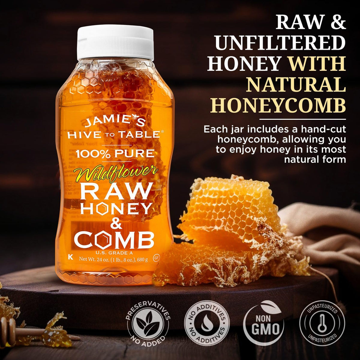 Jamies Hive To Table 100% Pure Wildflower Honey With Honeycomb, 24 Oz - Usa Made Raw & Unfiltered Honey - Fresh Edible Honeycomb