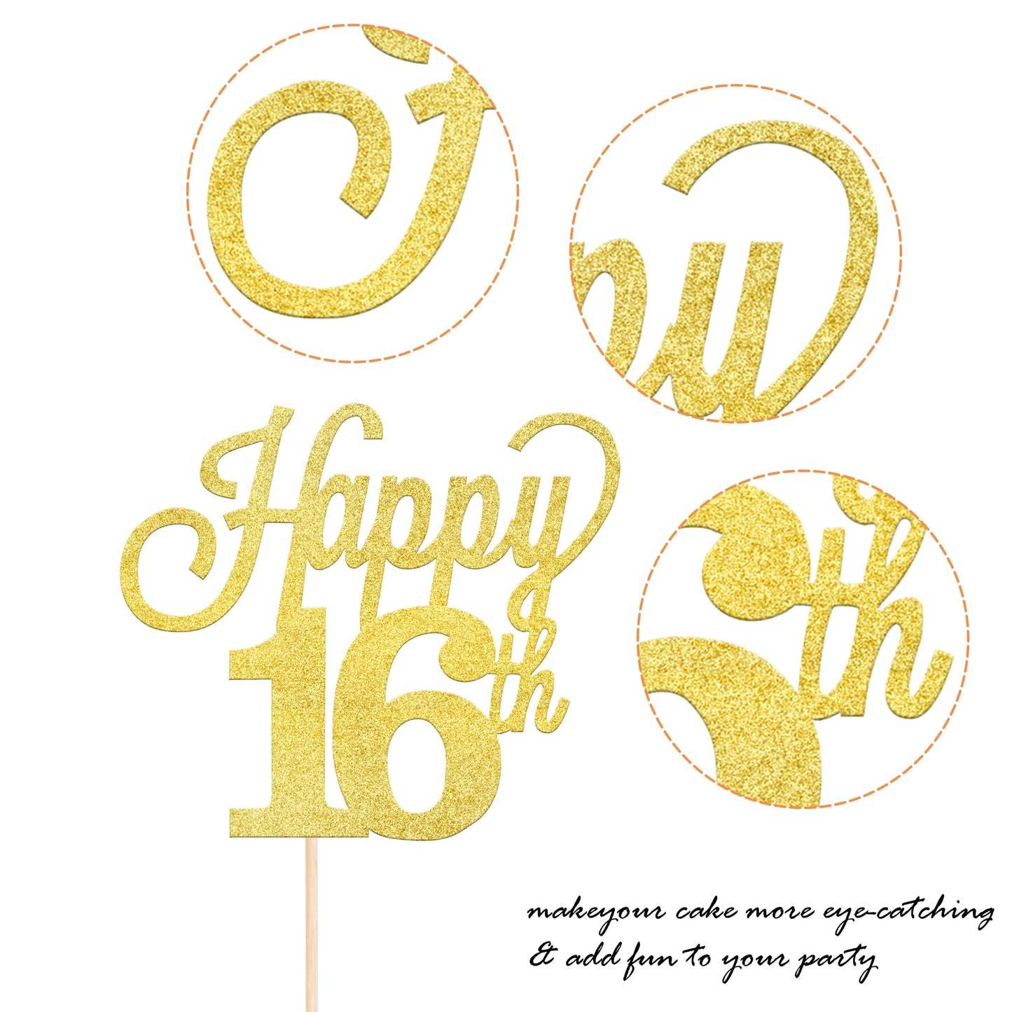 YCTHUNFISH Happy 16th Cake Topper Black Glitter Number 16 Birthday Decoration Gold
