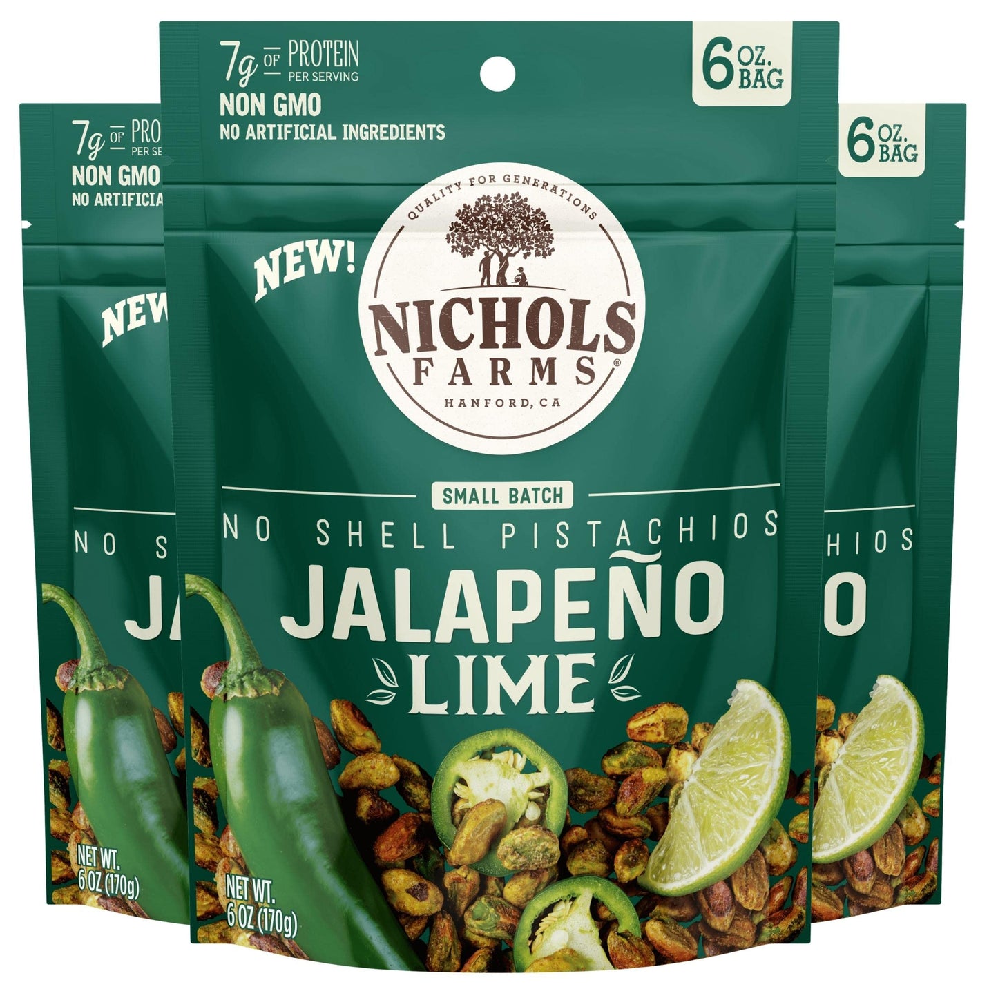 Nichols Farms Pistachios - Roasted No Shell Snack Packs - Jalapeño Lime - 6oz (Pack of 3) - Non-GMO, California Grown