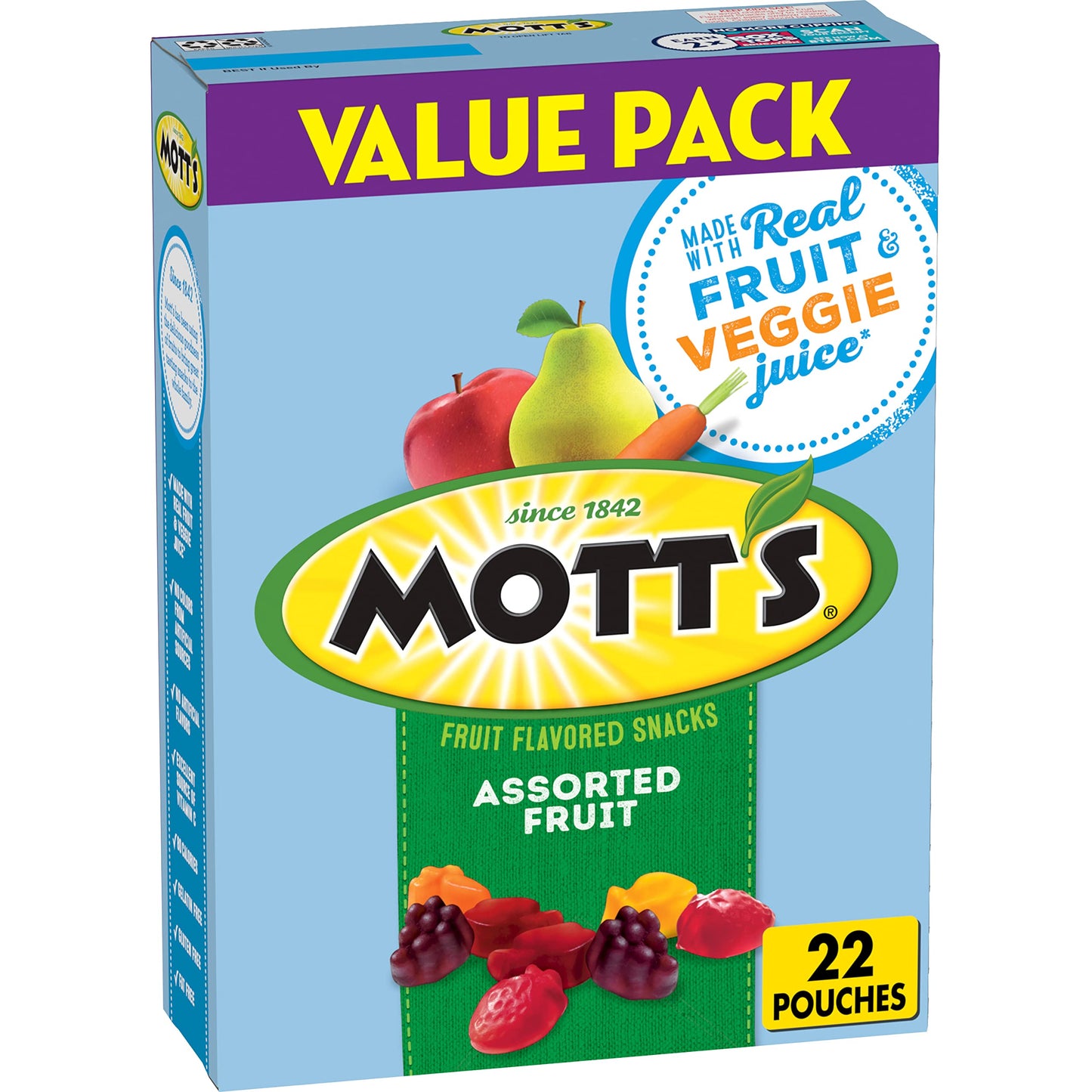 Motts Fruit Flavored Snacks, Assorted Fruit, Pouches, 0.8 oz, 22 ct