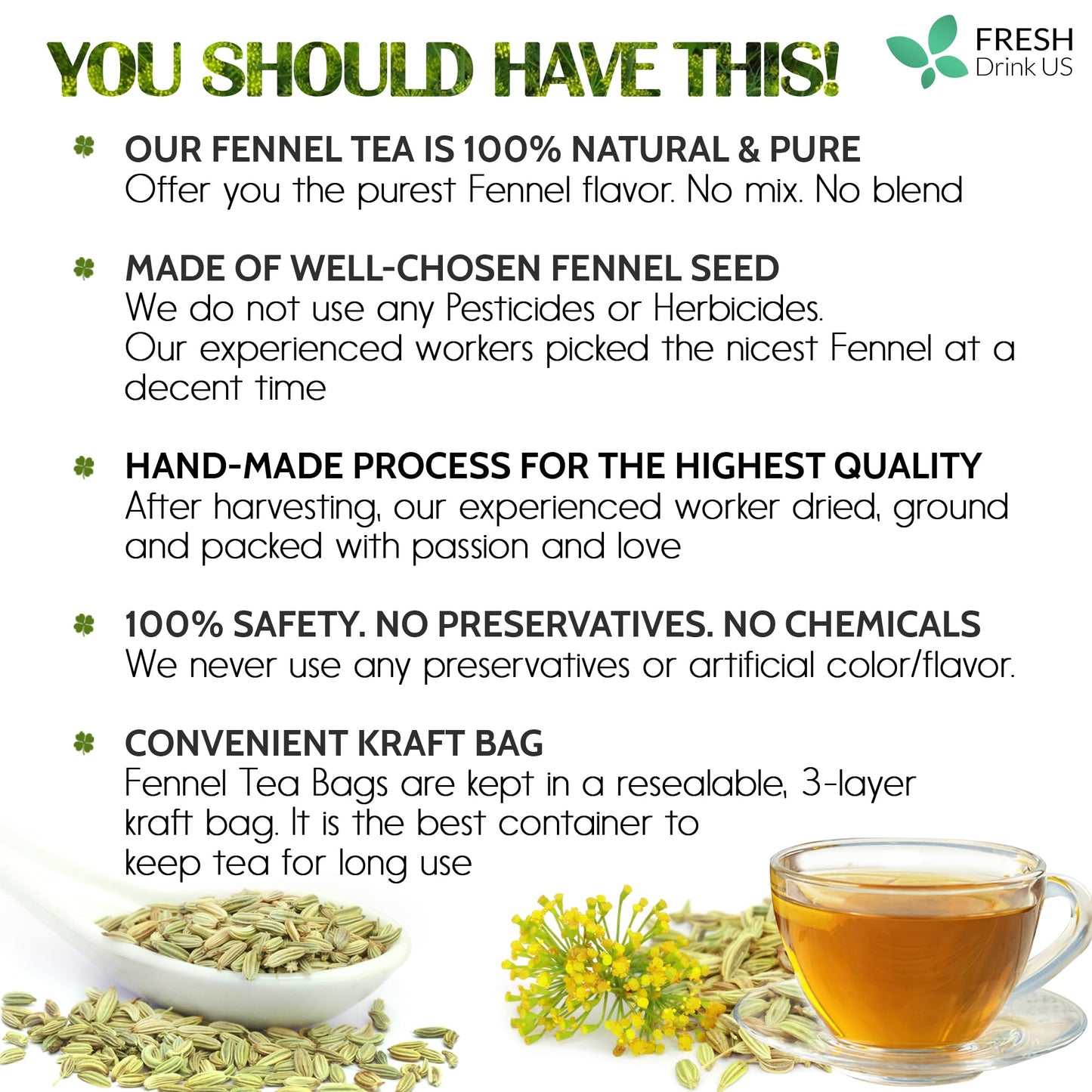 FRESHDRINKUS Fennel Tea Bags, 100% Natural, No Sugar, No Caffeine, Vegan, 135 Tea Bags