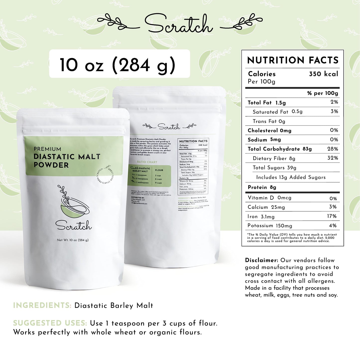 Scratch Diastatic Malt Powder for Baking - (10oz) Dried Barley Malt for Baking Bread - Bread Improver - enhanced Baking Ingredients for Breads  Pizzas  Pretzels  Desserts  Shakes and More
