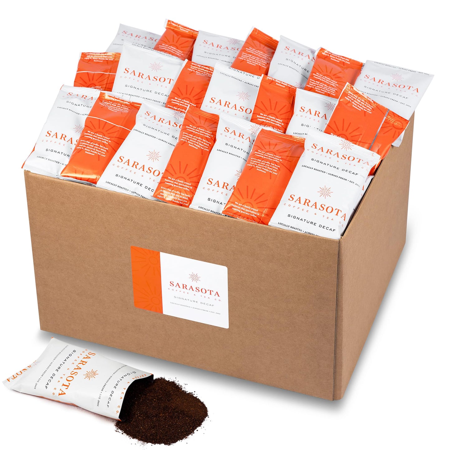 Sarasota Coffee Packs Bulk Ground Decaf Sampler, Low Acid, 1.75 Oz Bags, 100 Count