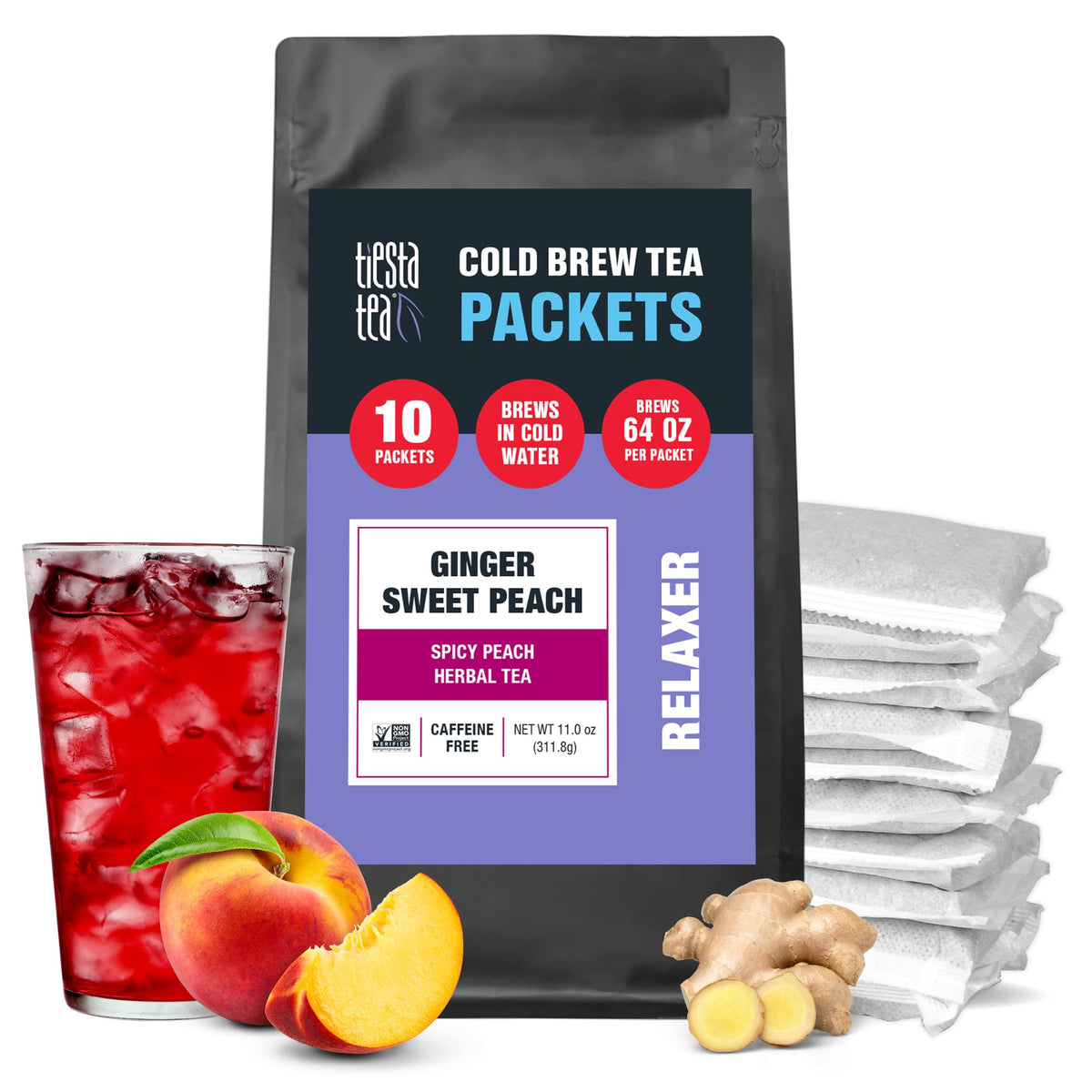 Tiesta Tea Ginger Sweet Peach Cold Brew Tea - Non-Caffeinated Loose Leaf Blend - 10 Pouches - 64 oz Each