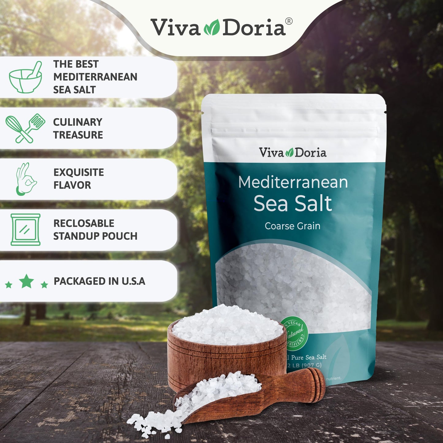 Viva Doria Malabar Peppercorn - Steam Sterilized Whole Black Pepper, 12 Oz Black Peppercorns and Viva Doria Mediterranean Sea Sa