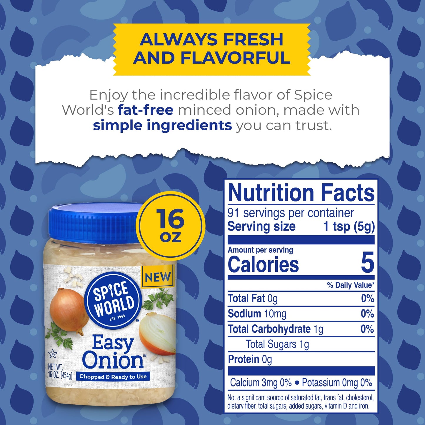 Spice World Chopped Easy Onion - 16Oz Ready-To-Use Minced Onion - Perfect For Hot Dogs, Stir Fry, Marinades, & More - Simply Sco