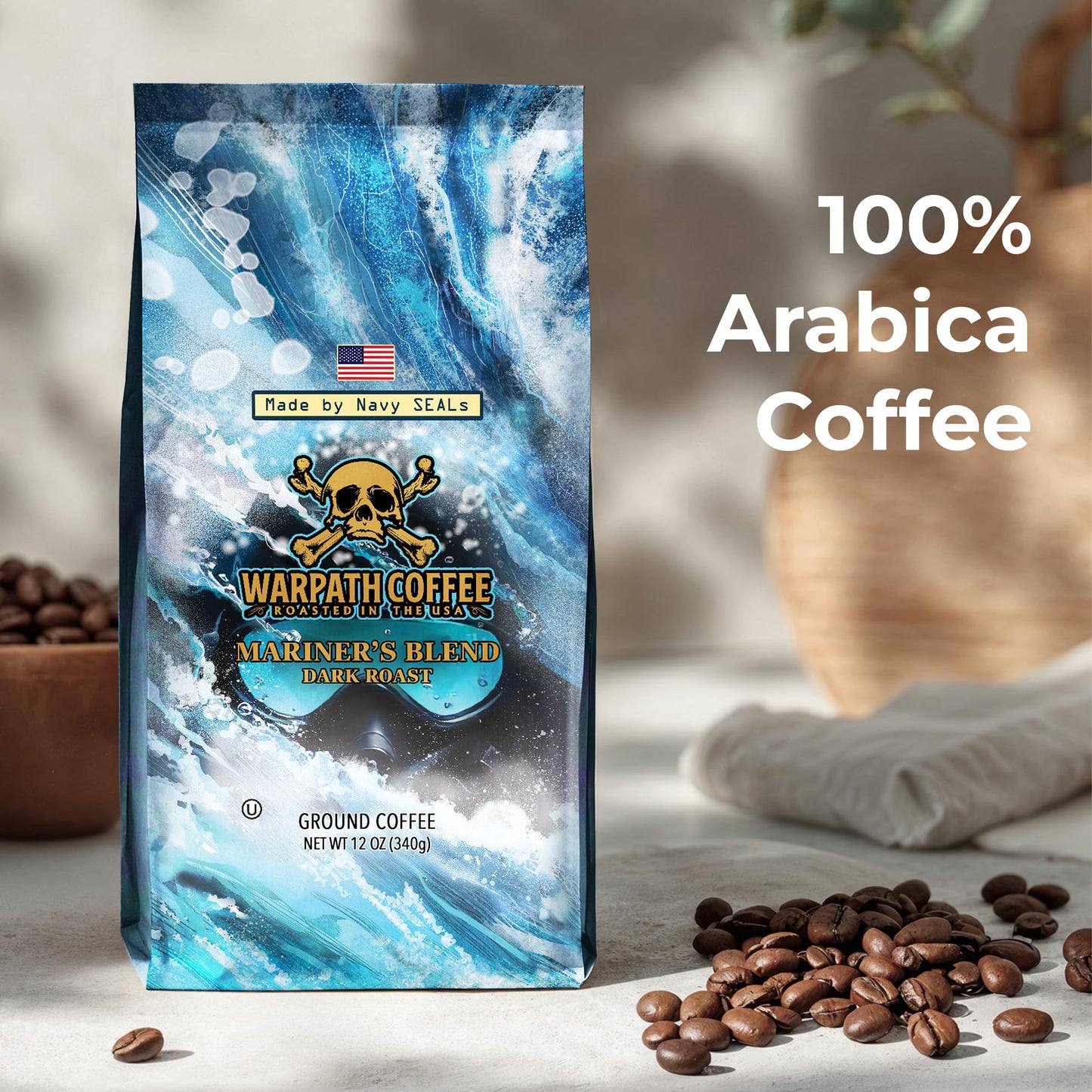 Warpath Coffee Ground Coffee Dark Roast, Mariners Blend, High Caffeine, Extra Strong Roasted 100% Arabica Coffee Ground Beans, Rich Aroma, Full-Bodied Intense Cup, Created By Navy Seals, 12Oz
