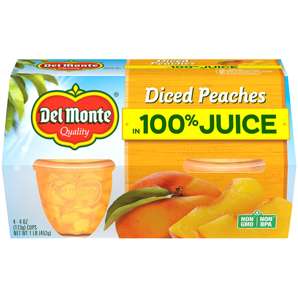 Del Monte Diced Peaches in 100% Juice, 4oz (4 Cups) Fruit Cup Snacks