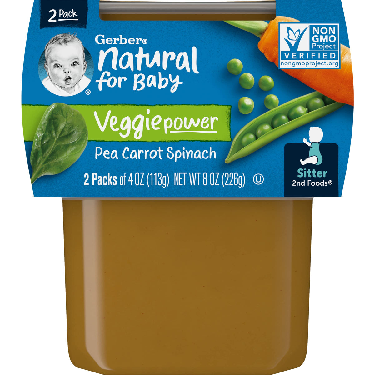 Gerber Baby Food Pea Carrot Spinach Puree, 4 Oz, 2 Pack Tubs