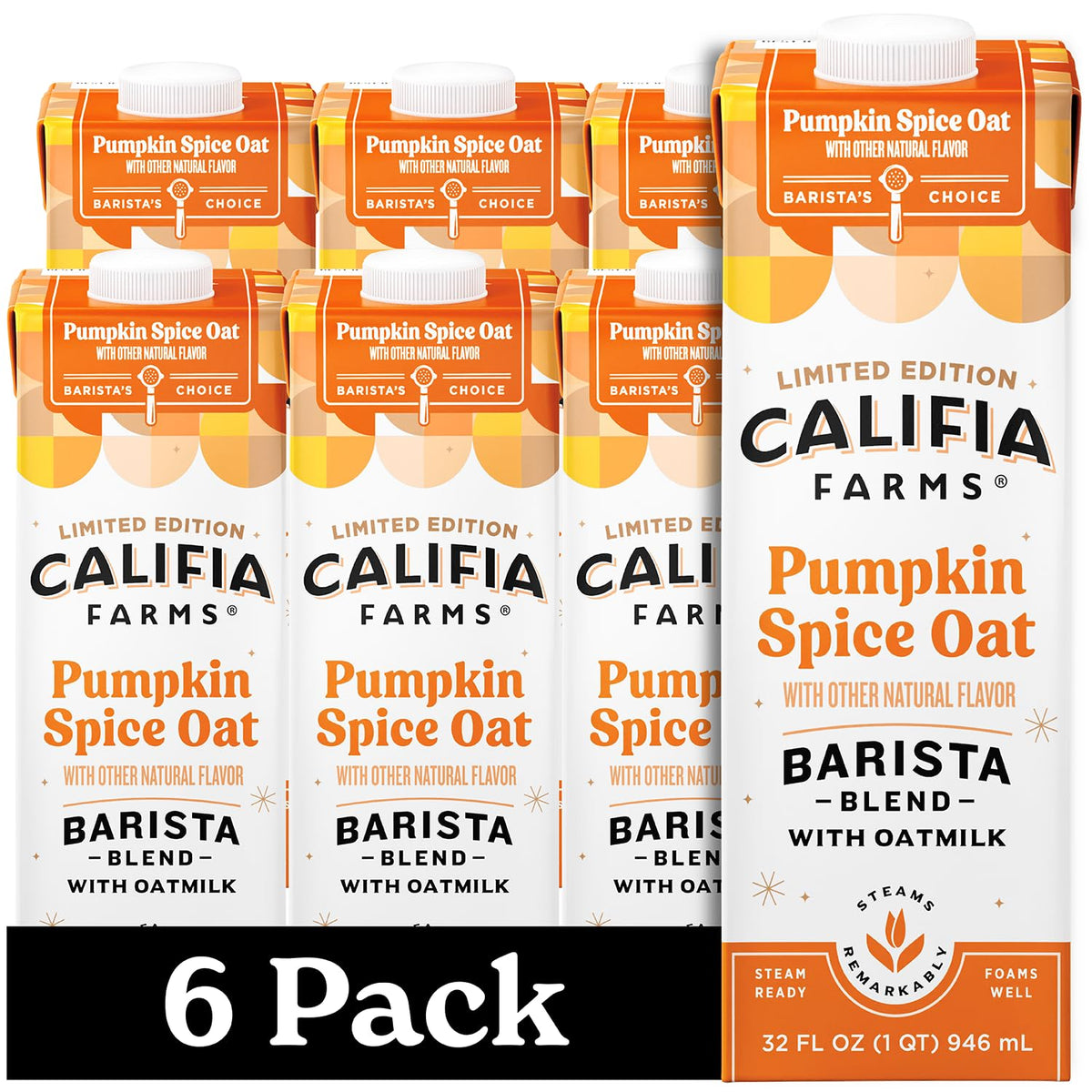 Califia Farms - Pumpkin Spice Oat Barista Blend Oat Milk, 32 Oz (Pack of 6), Shelf Stable, Dairy Free, Plant Based, Vegan, Glute