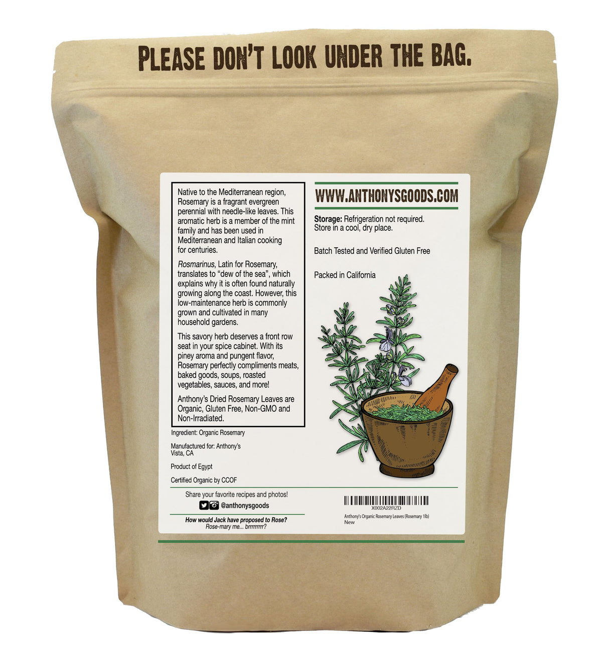 Anthony's Organic Dried Rosemary Leaves, 1 lb, Whole Leaf, Destemmed, Non GMO, Non Irradiated, Gluten Free