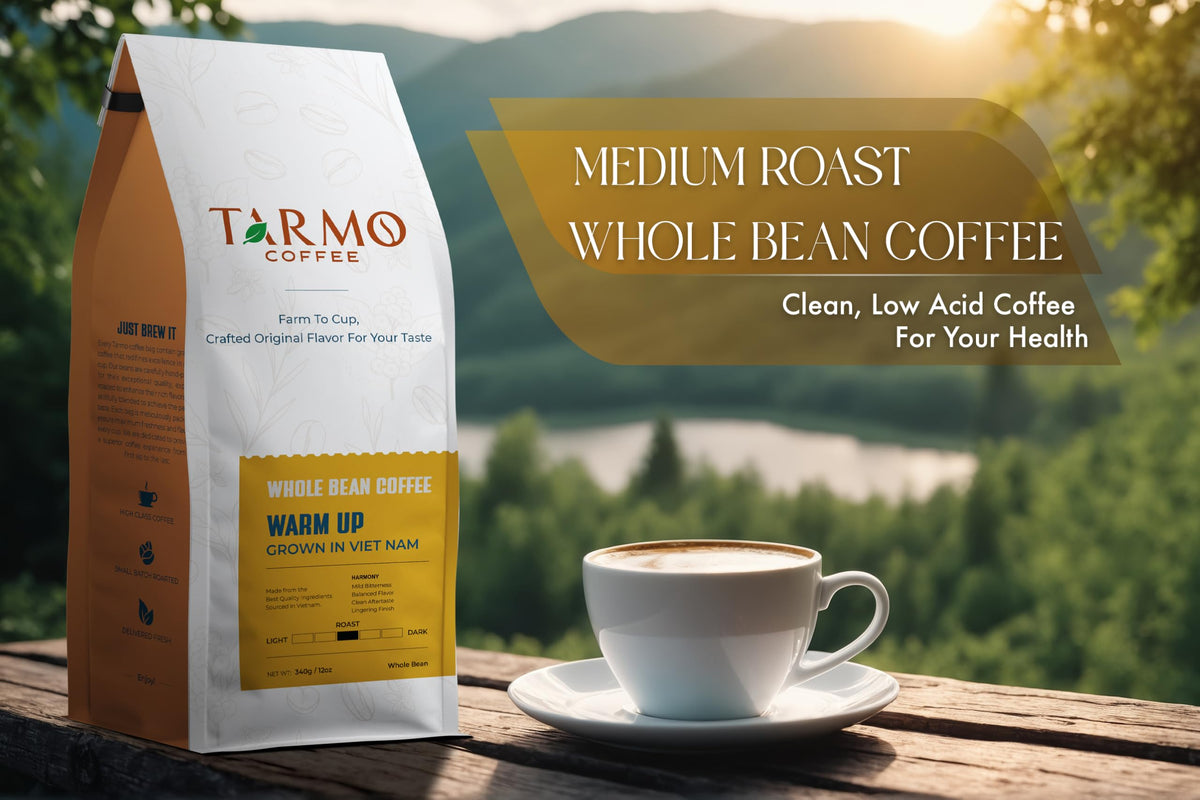 TARMO COFFEE Low Acid 100% ROBUSTA Whole Bean Coffee, Specialty Vietnamese, Medium Roast, 12 Oz Bag