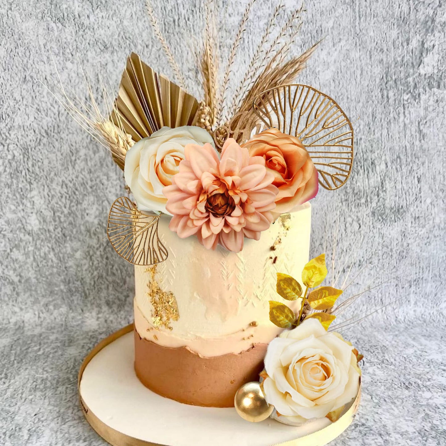 Drwate Cake Topper, 11Pcs Boho Flower Gold Leaves Cake Decorations For Wedding Baby Shower Birthday Party Supplies