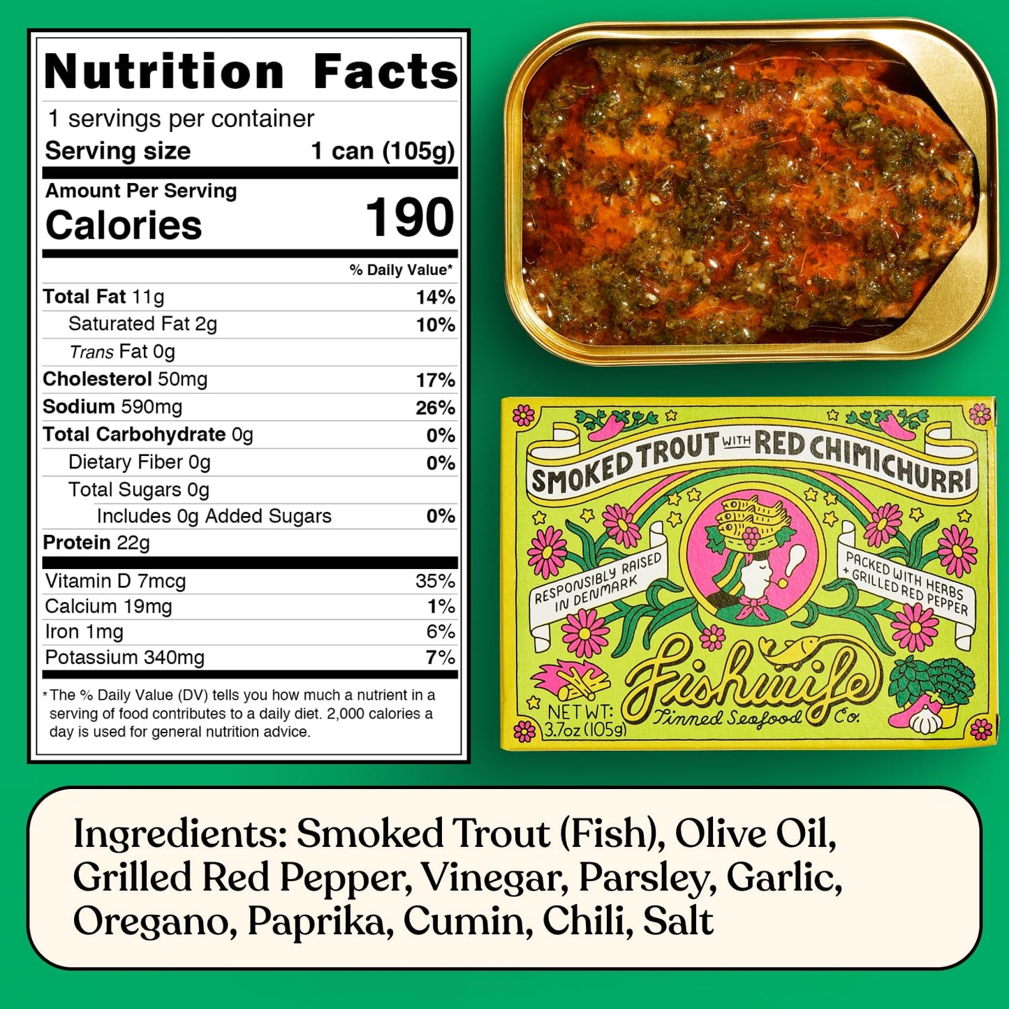 Fishwife Smoked Rainbow Trout with Red Chimichurri 3-Pack (3.7 Ounce) | ASC-Certified Sustainable Seafood  Gluten Free  Omega-3s | Handpacked in BPA-NI Tins