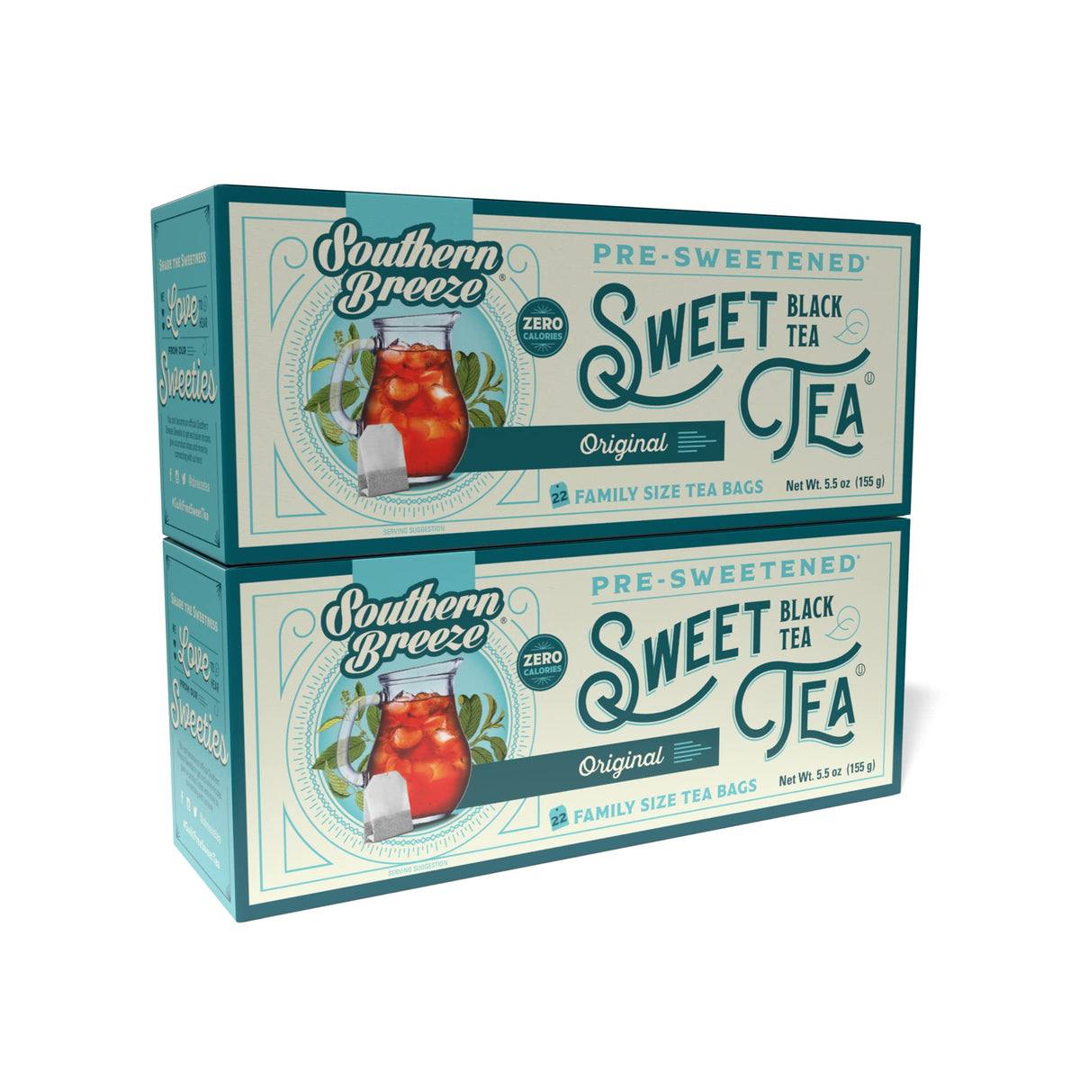 Southern Breeze Hot Brew Sweet Tea Original Iced Tea With Black Tea And Zero Carbs Zero Sugar, 22 Individually Wrapped Family Size Tea Bags, Pack Of 2