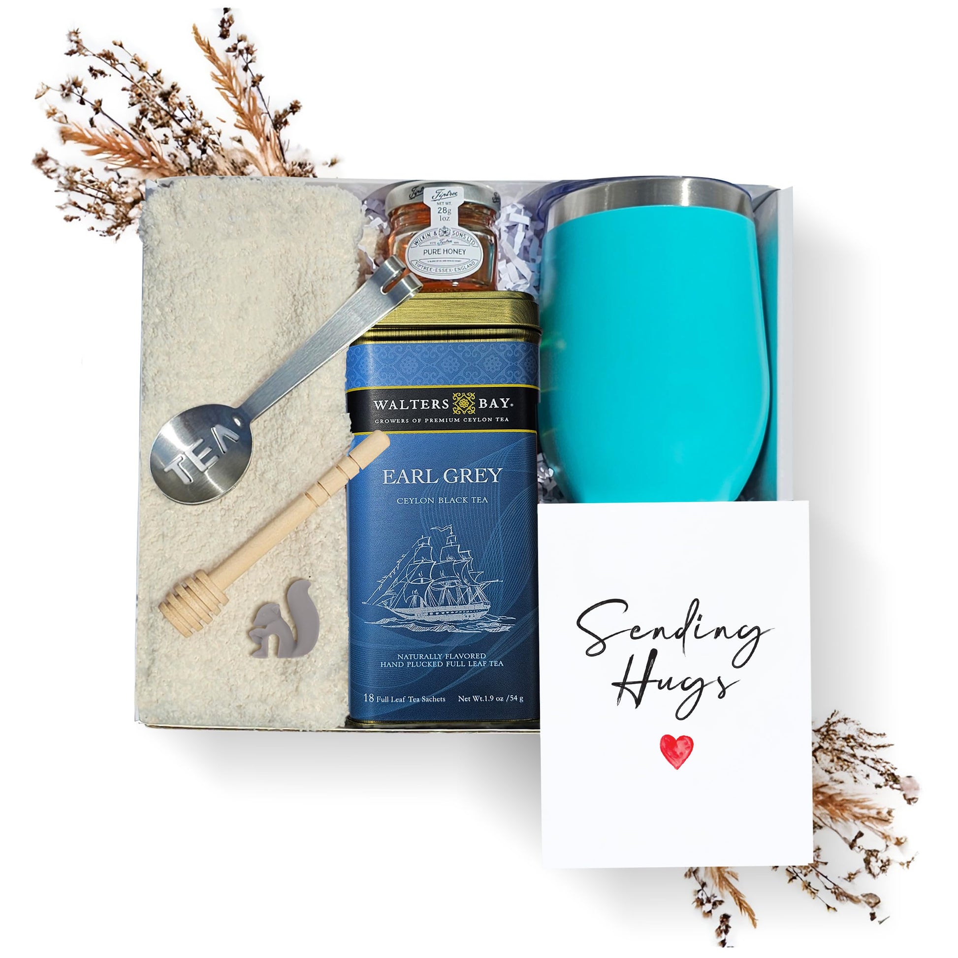 Modern Elegance Tea Gift Set for Women - Cozy Socks, 18 Full Leaf Sachets, Honey, Tumbler & Sending Hugs Card