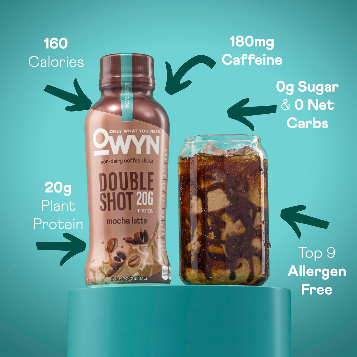 OWYN Double Shot Protein Coffee Shake, Dairy Free, Mocha, 0g Sugar, 20g Protein, 180mg Caffeine, 12 Fl Oz (Pack of 12)