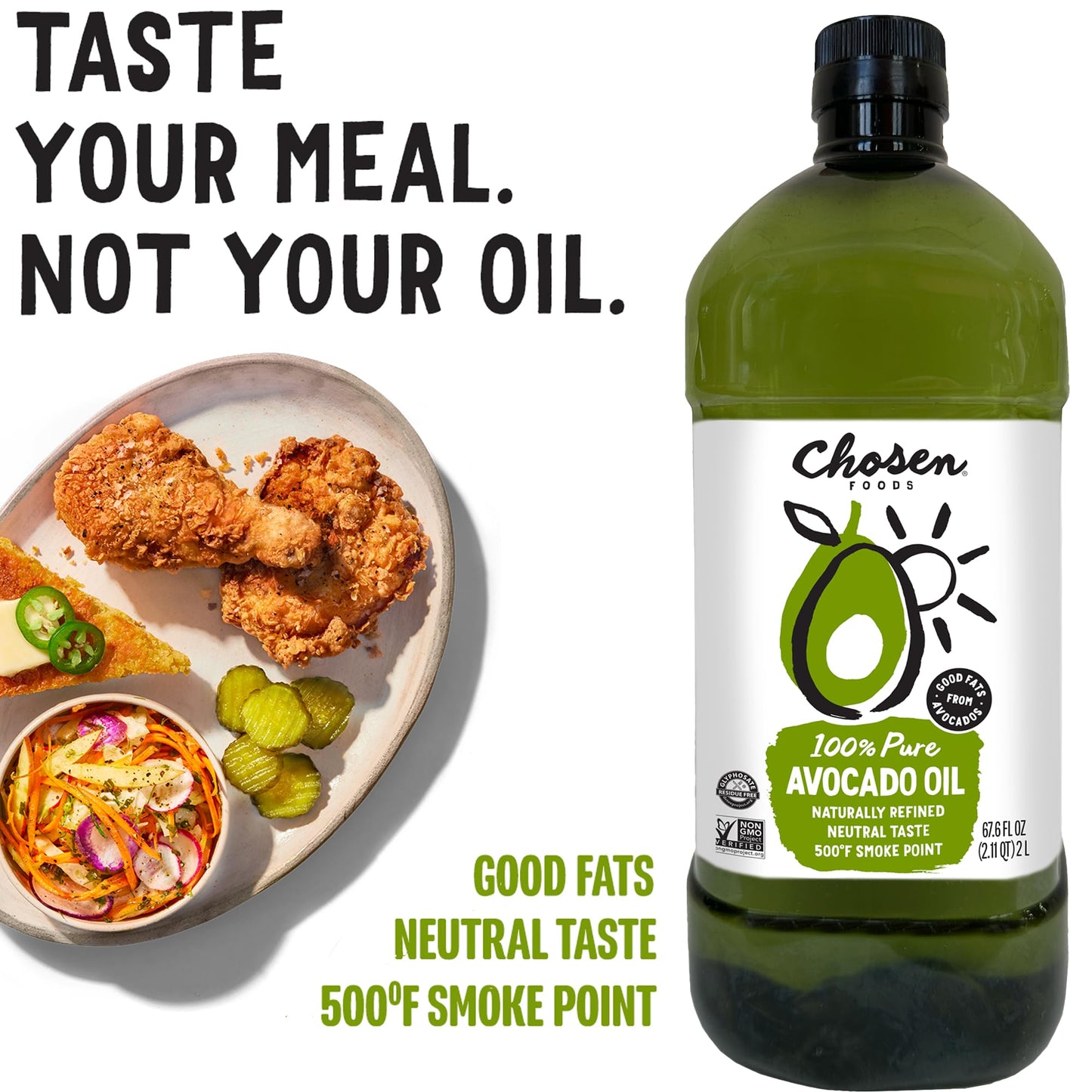 Chosen Foods 100% Pure Avocado Oil, Keto And Paleo Diet Friendly, Kosher Oil For Baking, High-Heat Cooking, Frying, Homemade Sauces, Dressings And Marinades (2 Liters)