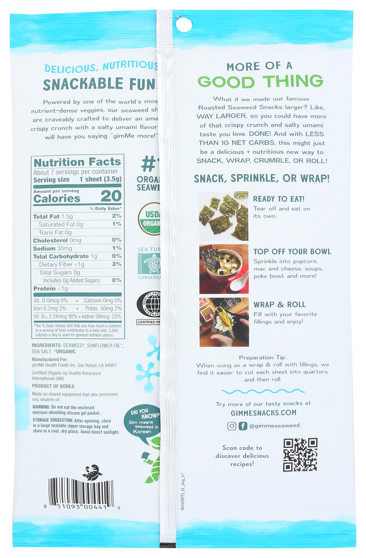 gimMe Organic Wrap N Roll Roasted Sea  Sheets, 0.92 Ounce, Model BCA71976