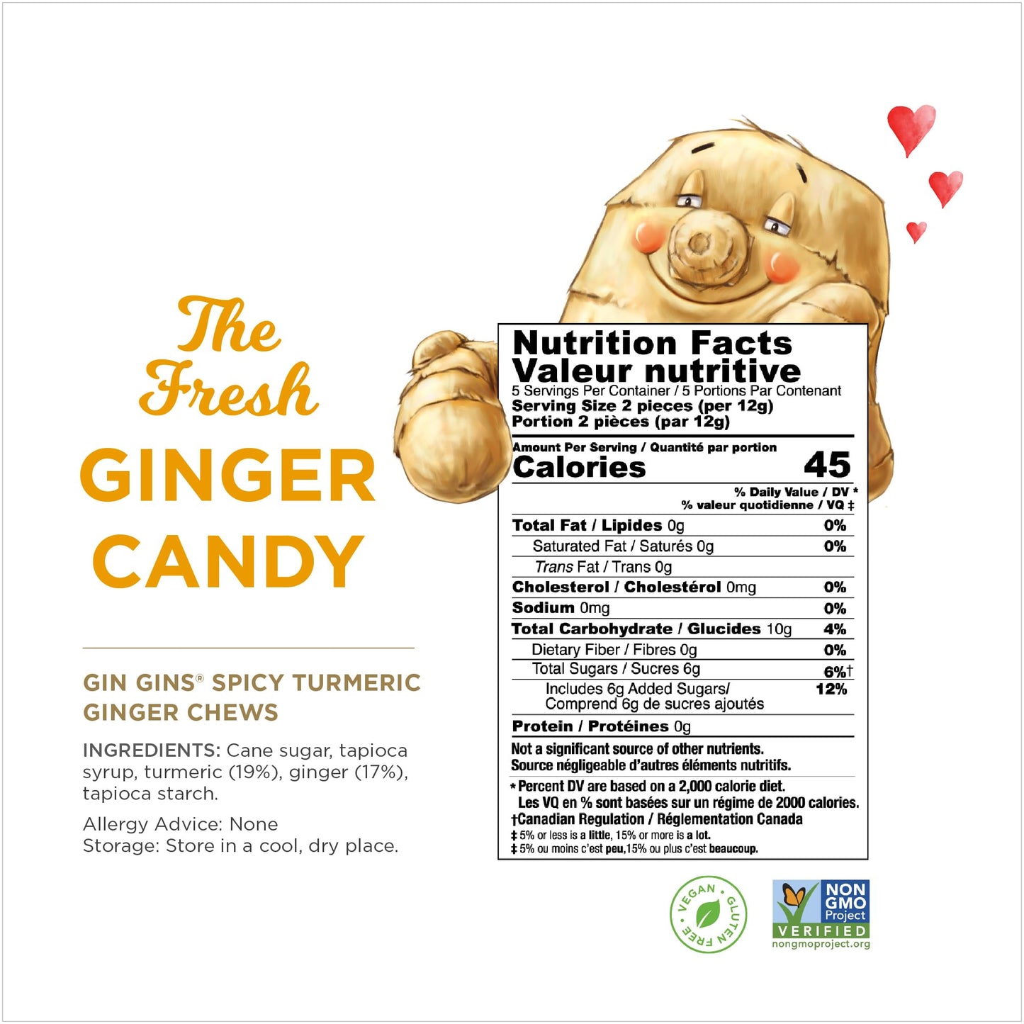 The Ginger People GIN GINS Spicy Turmeric Ginger Chews, 2.1oz Bag, Yellow, Pack of 12, Model 90534