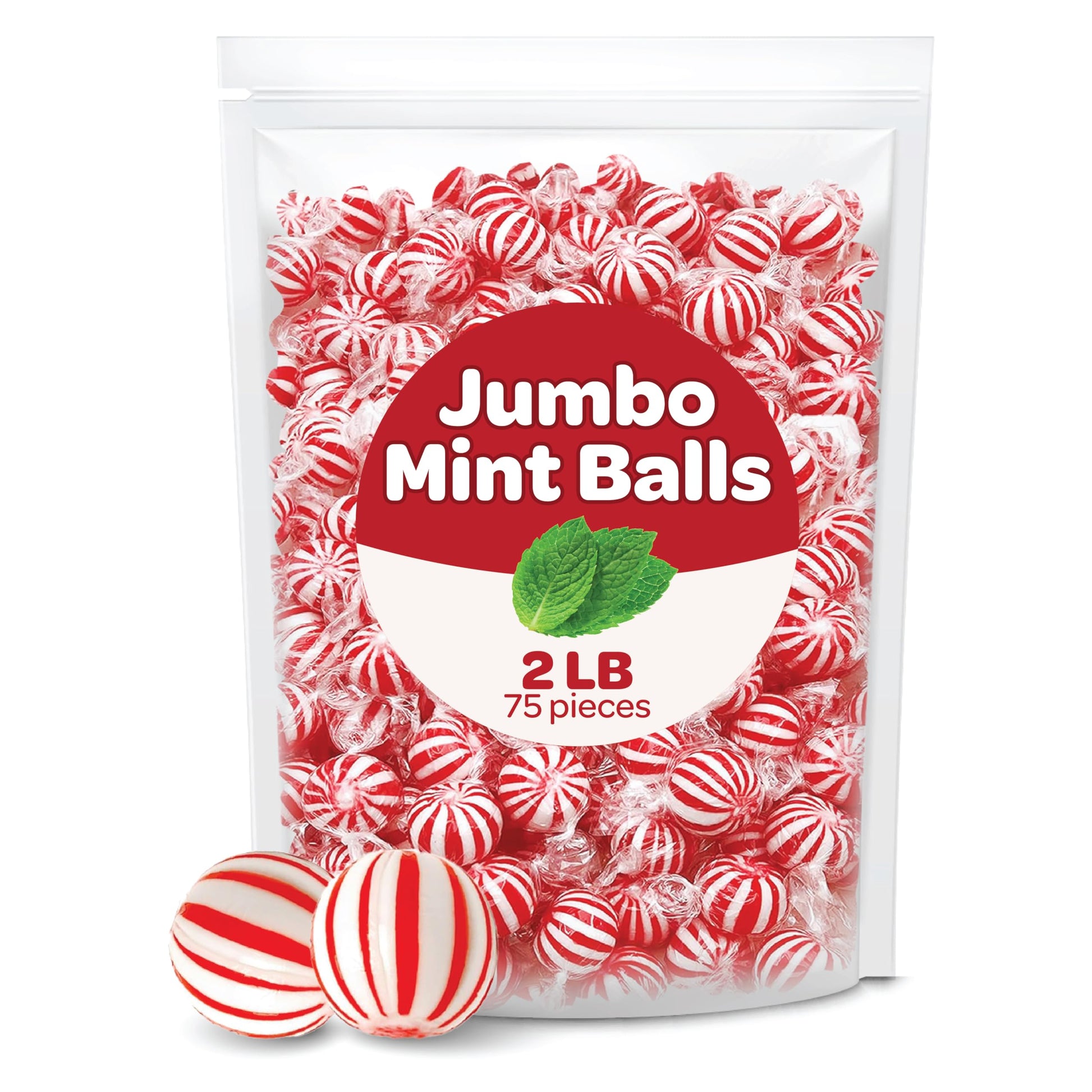 Jumbo Mint Balls Peppermint Hard Candy - Individually Wrapped - Bulk 2 Pounds