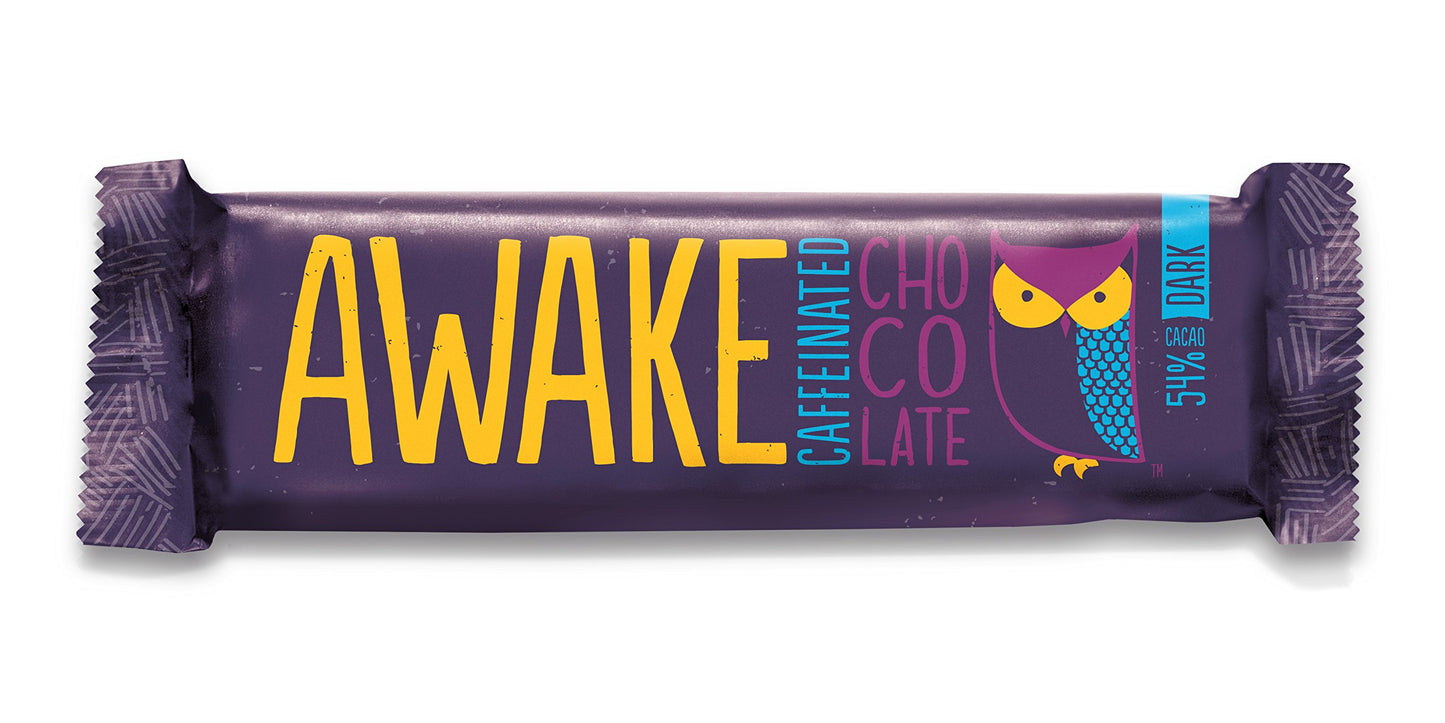 AWAKE Caffeinated Chocolate Bars - Dark Chocolate, 12 Count, 100mg Caffeine, Gluten Free, Non GMO, Kosher, Model BWT90
