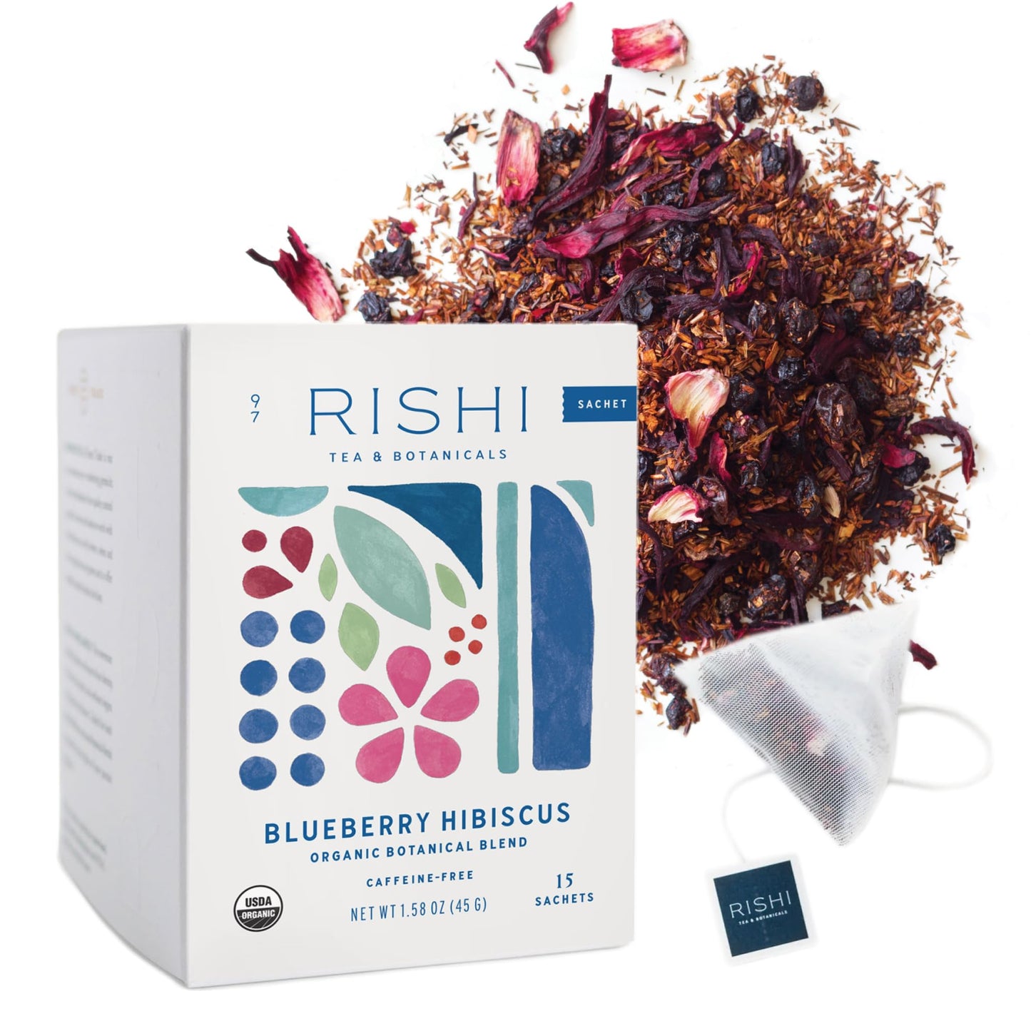 Rishi Tea Blueberry Hibiscus Herbal Tea Sachets, Caffeine Free, 15 Count