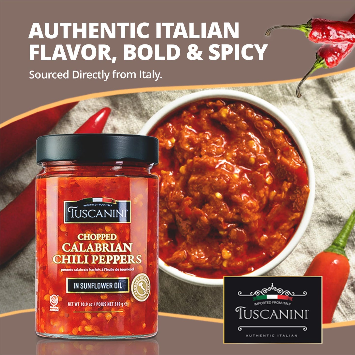 Tuscanini Premium Italian Chopped Calabrian Chili Peppers In Sunflower Oil, 10.9 Oz (2 Pack) | All Natural | Nothing Artificial