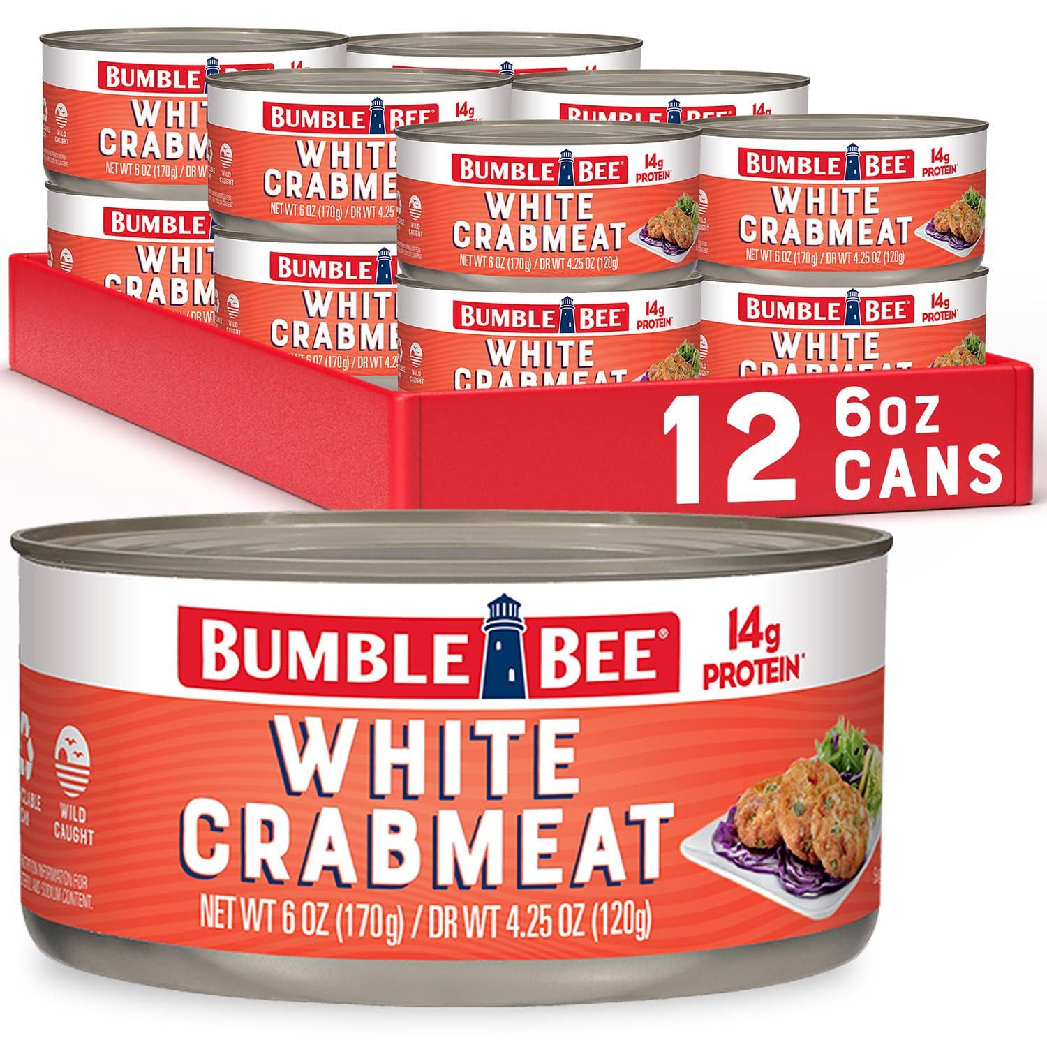 Bumble Bee White Flake Crab Meat in Water, 6 oz Can - 14g Protein & 1g Carb Per Serving - Wild Caught, Flaky, Drain Before Use, 