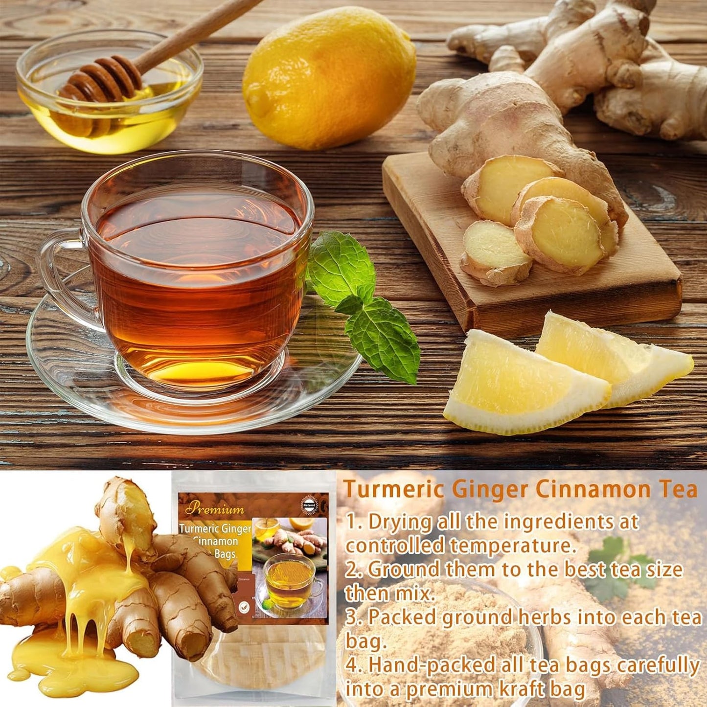 FITactic Organic Turmeric Ginger Cinnamon Tea Bags - 150 Count, Caffeine Free, Herbal Blend for Digestion and Relaxation