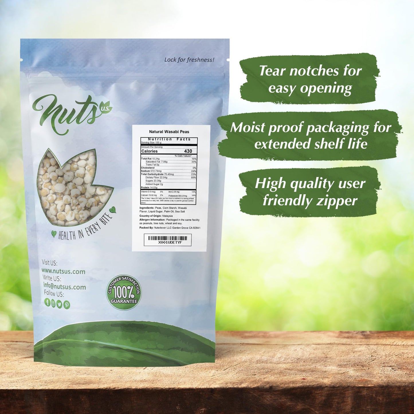 NUTS - U.S. Wasabi Coated Natural Green Peas, 100% Natural, Crunchy & Spicy, 48 Ounce Resealable Bag