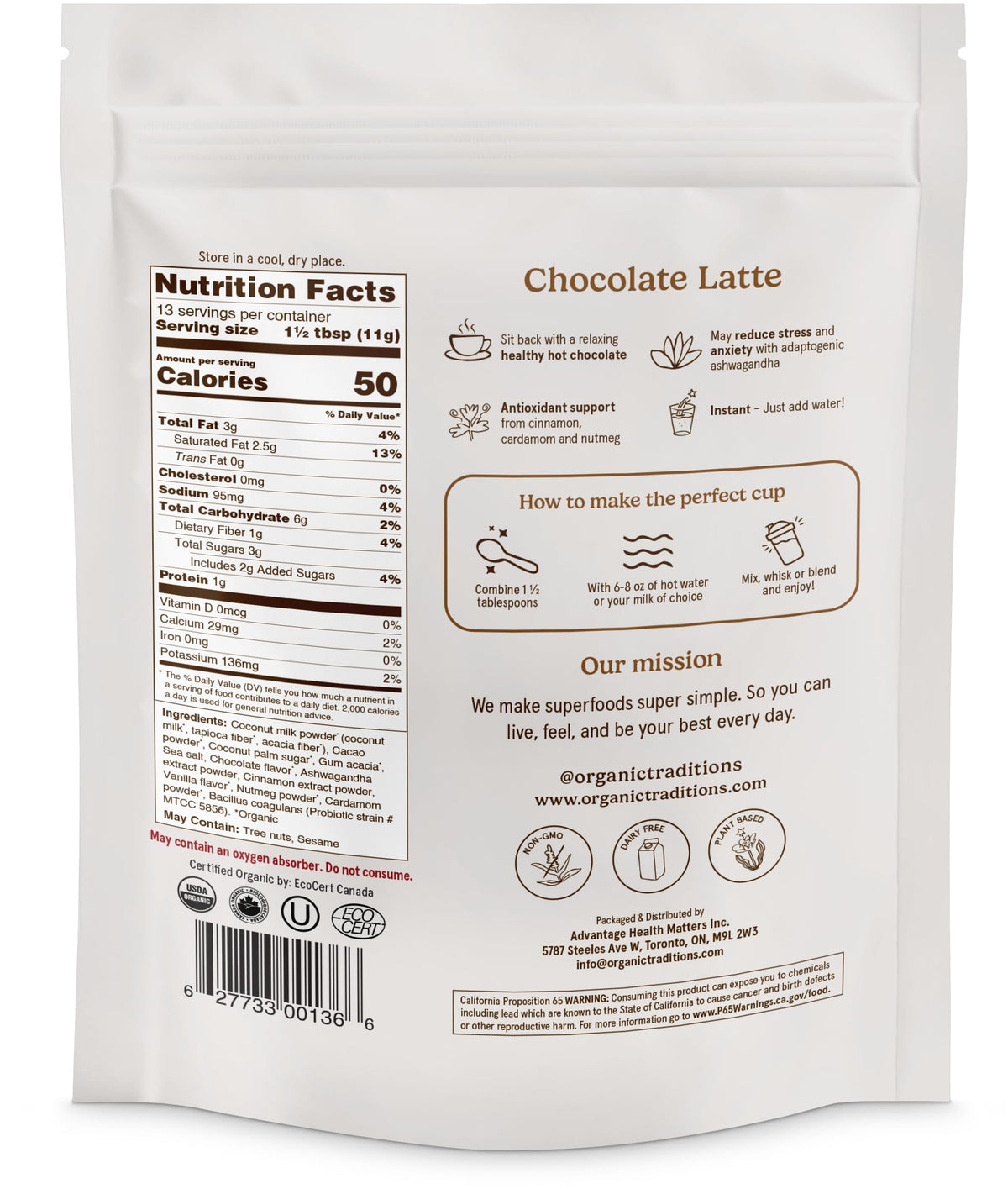 Organic Traditions Superfood Chocolate Latte – Creamy Coconut Milk Base - Dual Extract Ashwagandha – Easy To Mix - Sweetened With Coconut Palm Sugar – 1 Billion Probiotics Per Serving - 150G/ 5.3Oz Bag