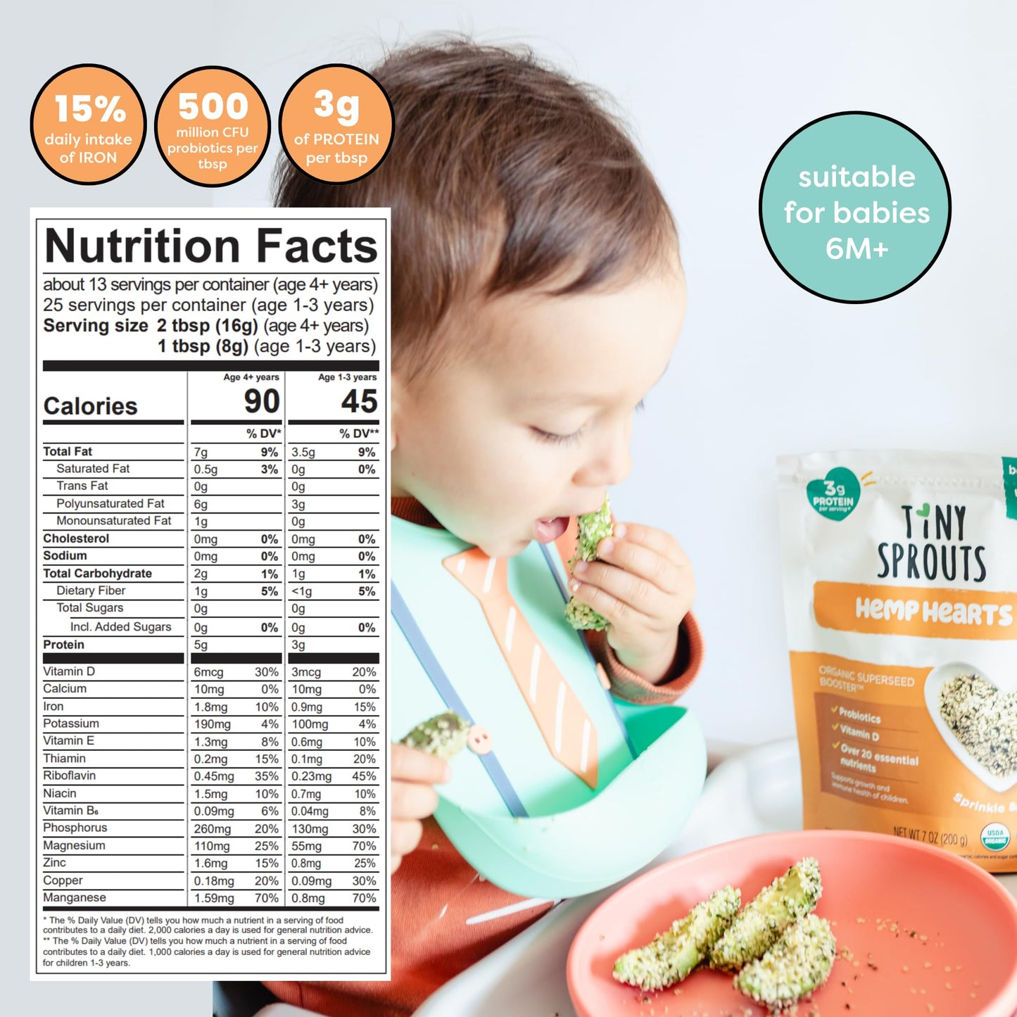 Superseed Organic Hemp Hearts with Vitamin D + PROBIOTICS, Omega-3s Prebiotic Fiber Protein, Seeds for 6M+ Babies Toddlers & Kid