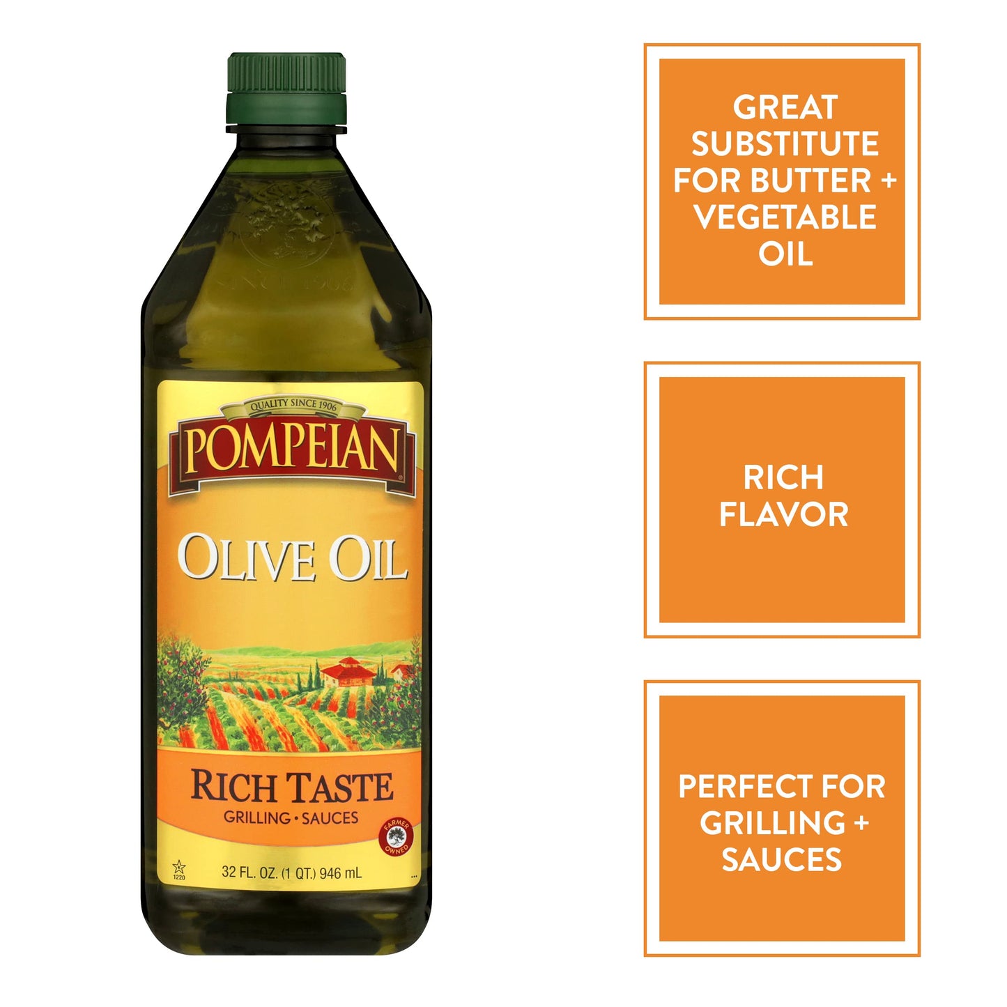 Pompeian Rich Taste Olive Oil, Full Flavor, Perfect for Grilling & Sauces, Naturally Gluten Free, Non-Allergenic, Non-GMO, 32 FL