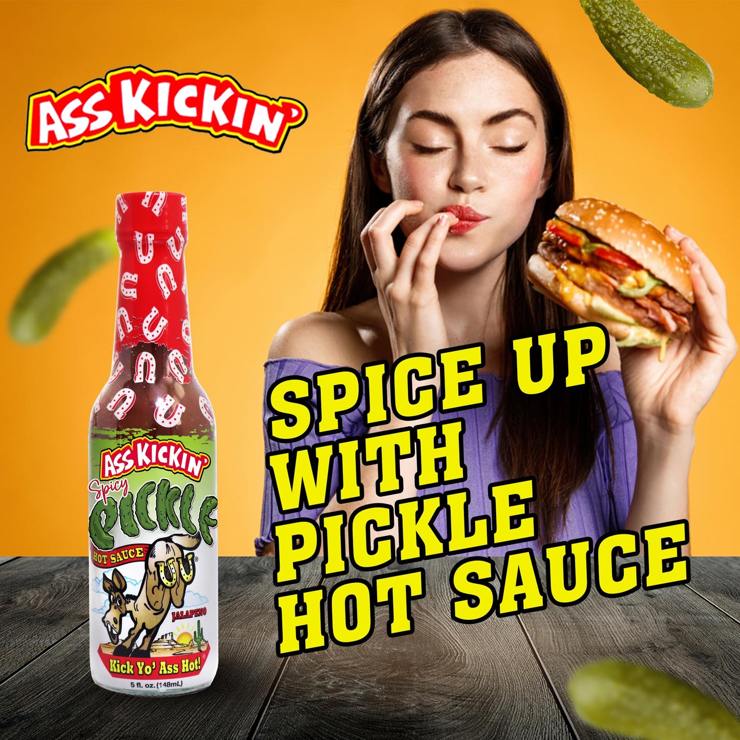 ASS KICKIN Spicy Pickle Hot Sauce - Premium Jalapeno Sauce for Wings & Burgers - 5 oz