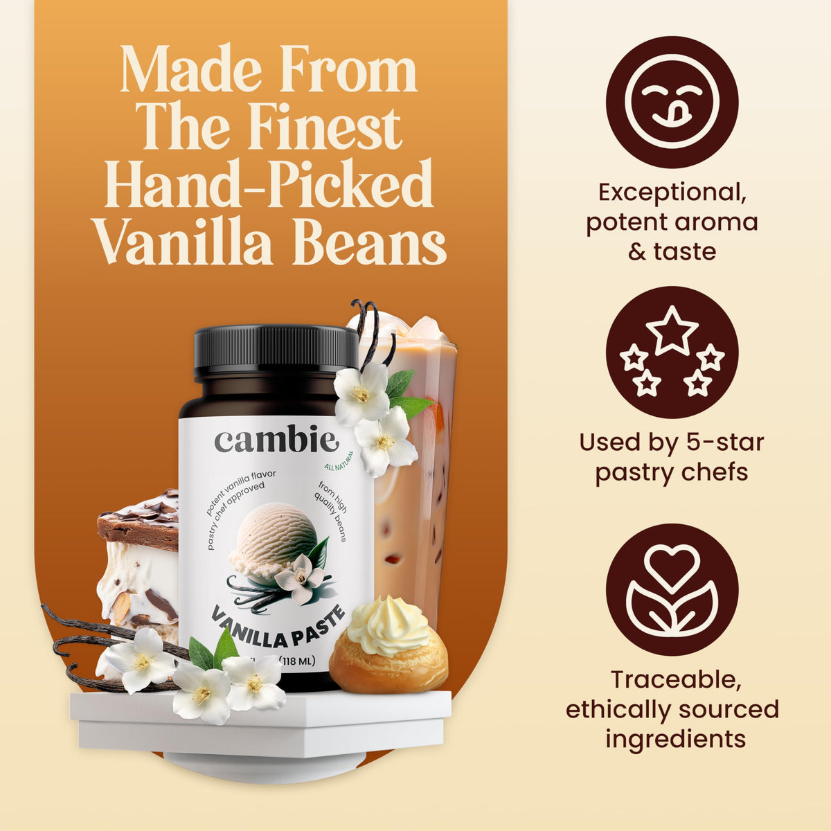 Cambie - Vanilla Bean Paste, Pure Vanilla Paste For Baking And Cooking, All Natural, Non-Gmo, Sustainably Sourced, & Kosher, 4 O